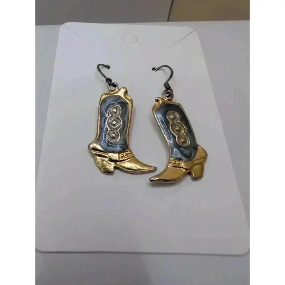 Goldtone Enamel Western Boot Shape Drop Earrings cowboy cowgirl style - Picture 3 of 4